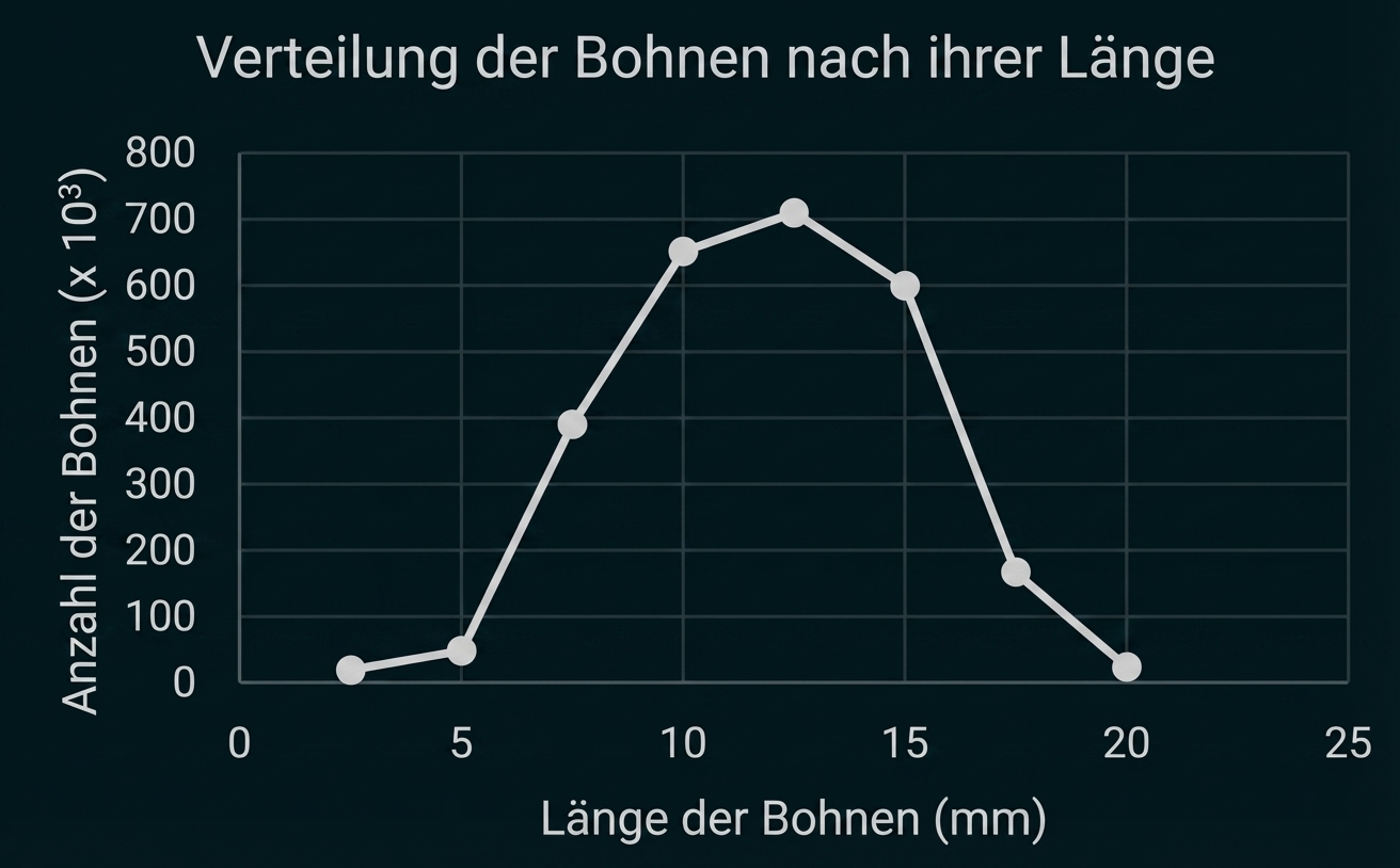Liniendiagramm: Verteilung der Bohnenlängen, Peak bei ~12 mm mit knapp 750 (×10³) Bohnen.